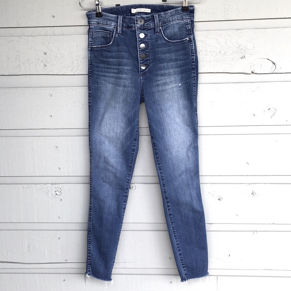 NWOT 🌸 BUTTON FLY WHETHERLY “COOPER” HIGH RISE SKINNY JEANS CLASSIC BLUE RAW HEM - Picture 6 of 11